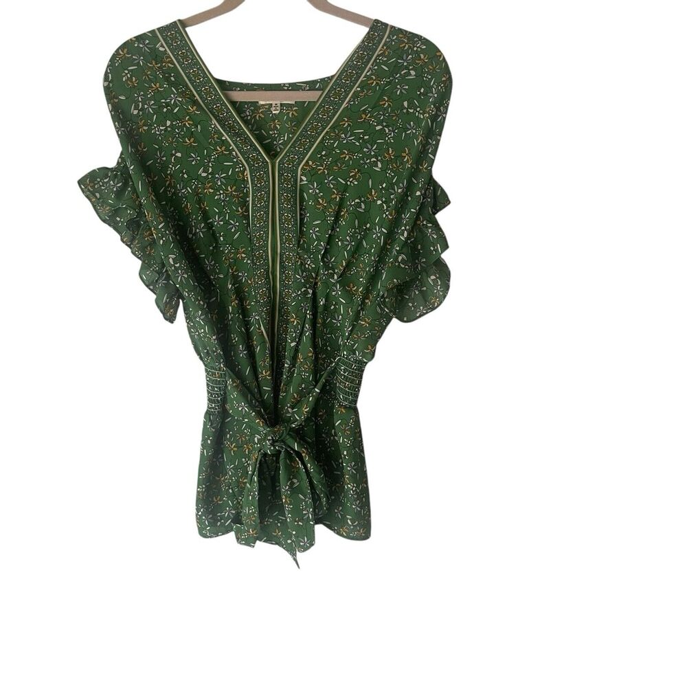 Max Studio Size Medium Kelly‎ Green Bohemian Peasant Floral Ruffle Tie Top